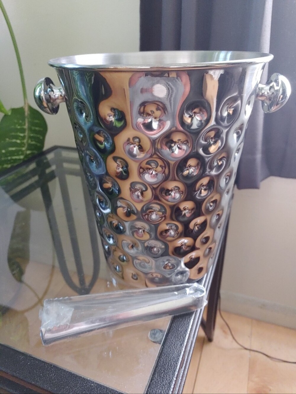 Hammered Stainless Ice Bucket with Handles - Silver